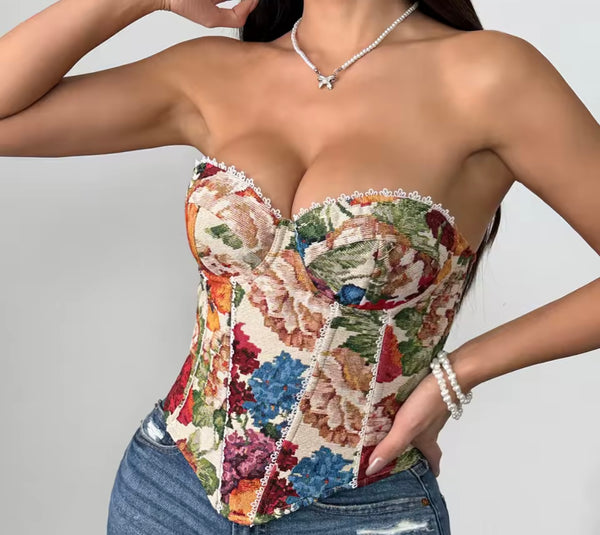 Women Strapless Floral Print Fashion Corset Top