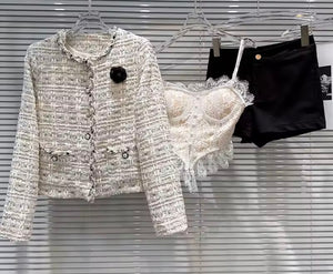 Women Fashion Tweed Blazer Three Piece Short Set