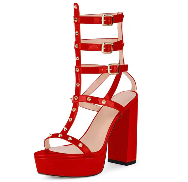 Women Open Toe Rivet Platform Buckled High Heel Sandals