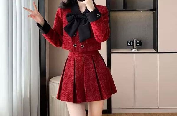 Women Red Bow Button Up Full Sleeve Two Piece Pleated Skirt Set