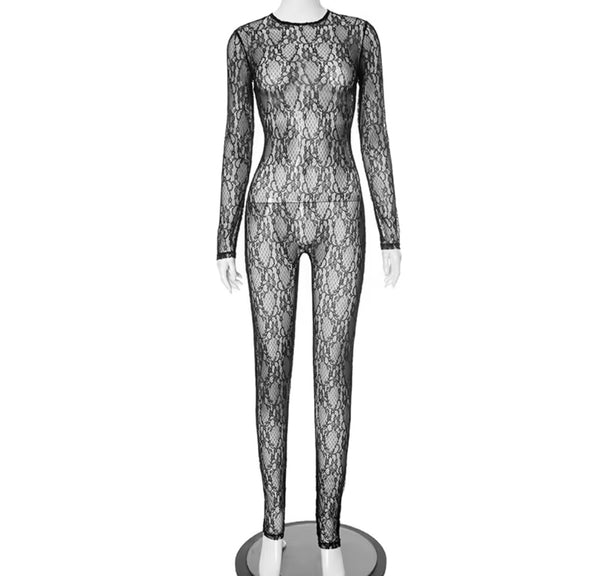Women Sexy See Through Black Full Sleeve Lace Jumpsuit