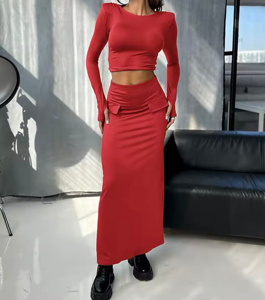 Women Sexy Full Sleeve Crop Two Piece Pocket Maxi Skirt Set