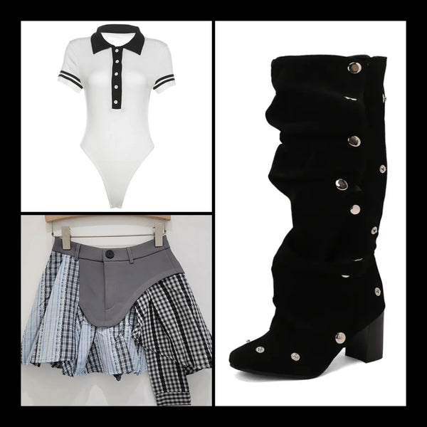 Women Fashion Button Up Short Sleeve B&W Bodysuit Top
