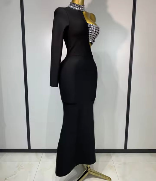 Women Black Sexy Rhinestone One Shoulder Full Sleeve Maxi Dress
