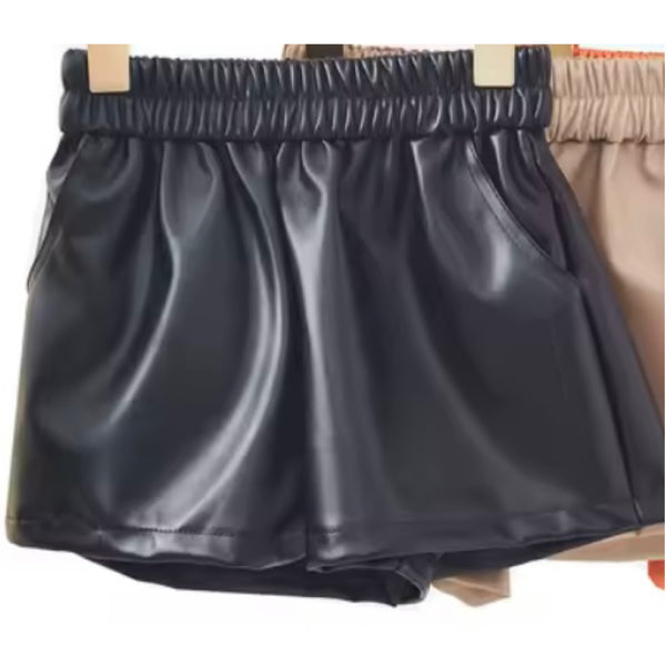Women Fashion Color Elastic Waist Faux Leather Shorts