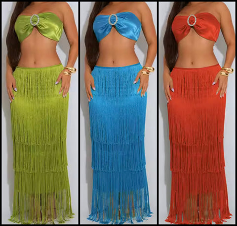 Women Sexy Strapless Color Fringe Tassel Two Piece Maxi Skirt Set