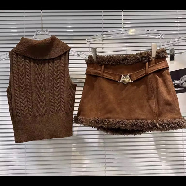 Women Brown Sleeveless Fashion Two Piece Suede Fur Skirt Set
