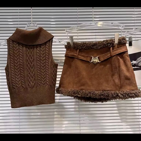 Women Brown Sleeveless Fashion Two Piece Suede Fur Skirt Set