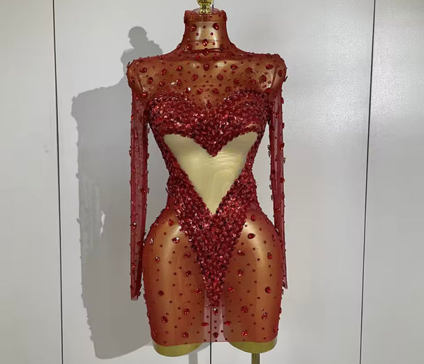 Women Sexy Turtleneck Full Sleeve Crystal Heart Mesh Dress