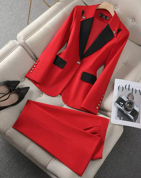 Women Fashion Color Patchwork Button Blazer Two Piece Pant Set