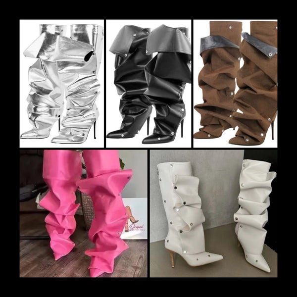 Women Fashion Button Ruched Knee High Boots