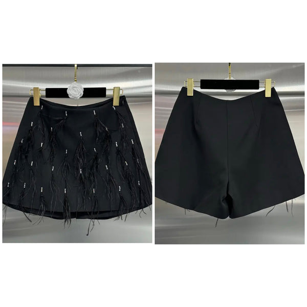 Women Fashion Black Bling Fringe Wrap Shorts