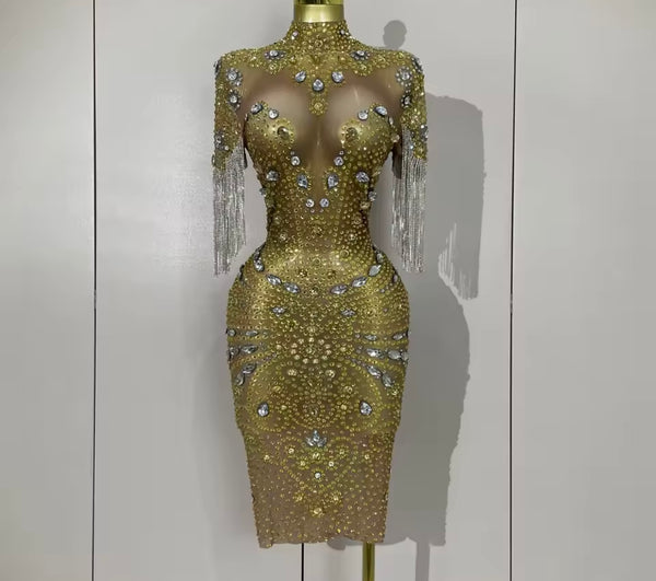 Women Sexy Short Sleeve Rhinestone Tassel Mesh Dress