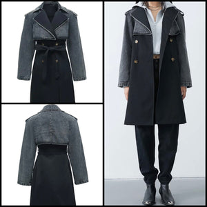 Women Fashion Denim Patchwork Trench Jacket