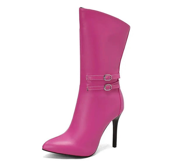 Women Pointed Toe Buckled Faux Leather Fashion Ankle Boots