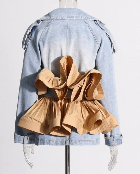 Women Fashion Color Ruffled Patchwork Denim Jacket