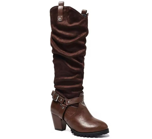 Women Fashion Buckled Chunky Heel Knee High Western Boots