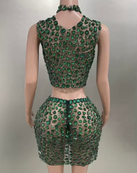 Women Sexy Sleeveless Green Crystal Mesh Two Piece Skirt Set