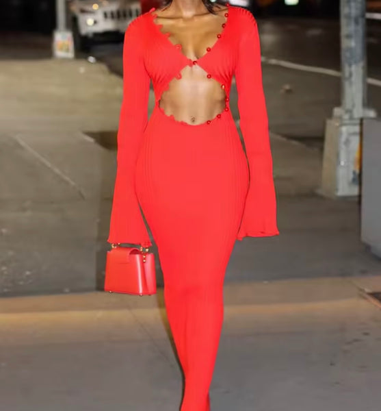 Women Red Cut Out Full Sleeve Sexy Maxi Dress