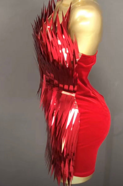 Women Red Strapless Sexy Mirror Dress