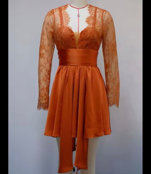 Women Orange Sexy Lace Patchwork Satin Dress