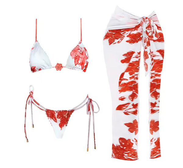 Women Sexy White Floral Bikini Cover Up Set