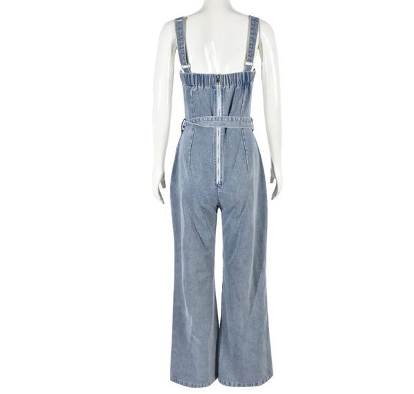 Women Fashion Sleeveless Ripped Denim Jumpsuit