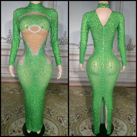 Women Green Sexy Gem Rhinestone  Full Sleeve Maxi Dress