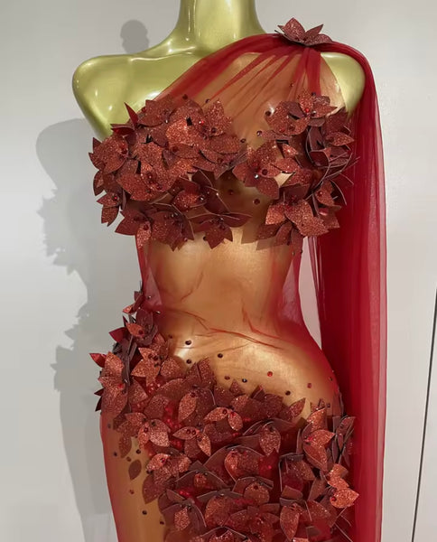 Women Sexy One Shoulder Sleeveless 3D Floral Mesh Maxi Dress