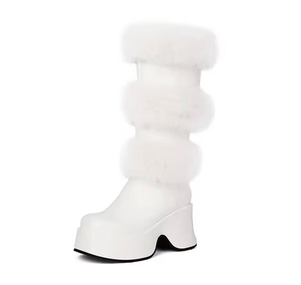 Women Fashion Platform Fur Patchwork Knee High Boots