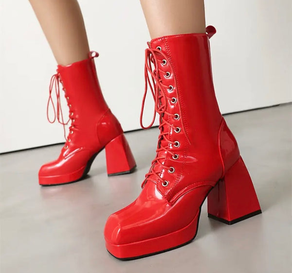 Women Fashion Lace Up Patent Leather Ankle Boots