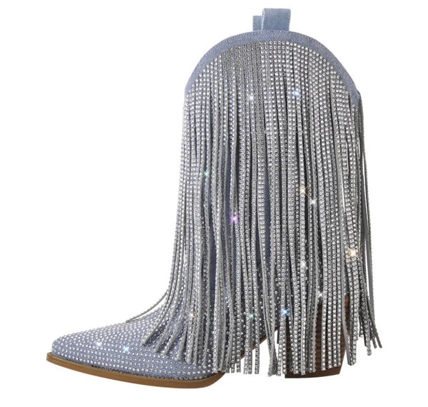 Women Fashion Bling Tassel Western Boots
