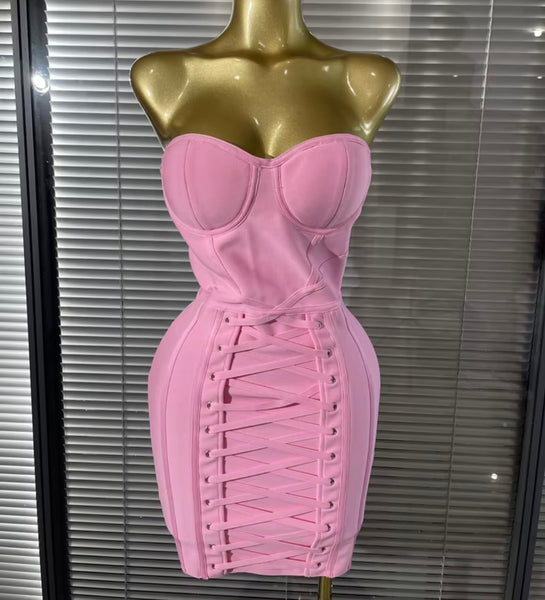 Women Pink Sexy Sleeveless Tie Up Corset Bandage Dress