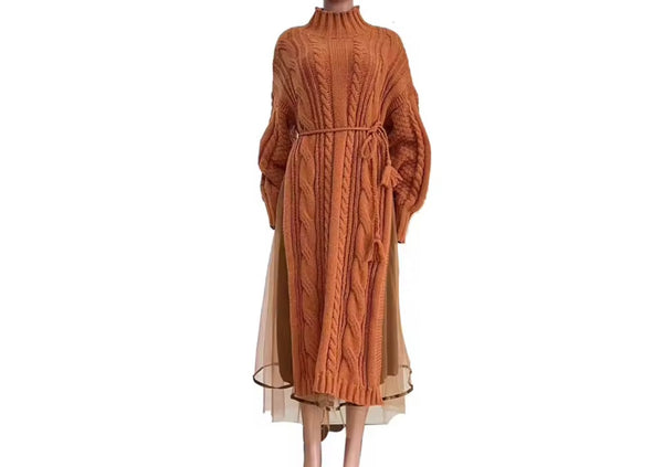 Women Turtleneck Full Sleeve Knitted Sweater Maxi Dress