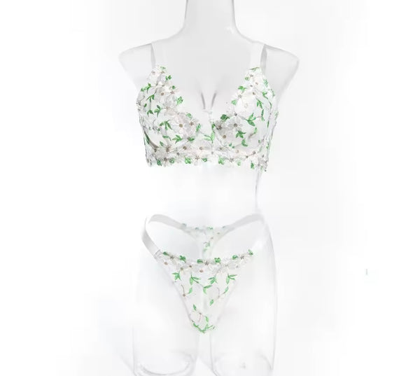 Women White Sexy Green Floral Mesh Lingerie Set