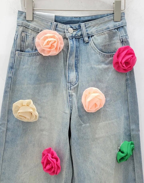 Women Fashion Multicolored Floral Denim Pants