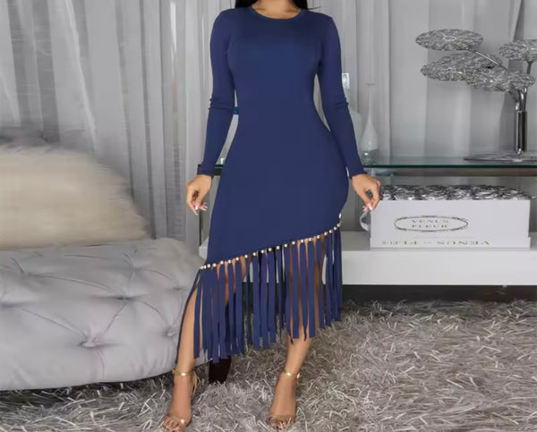 Women Sexy Solid Color Full Sleeve Fringe Tassel Dress