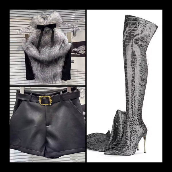Women Fashion Color Faux Fur Halter Top