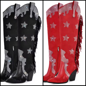 Women Fashion Bling Star Fringe Tassel Over The Knee Western Boots