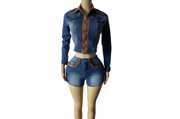 Women Fashion Brown Faux Leather Patchwork Denim Two Piece Short Set