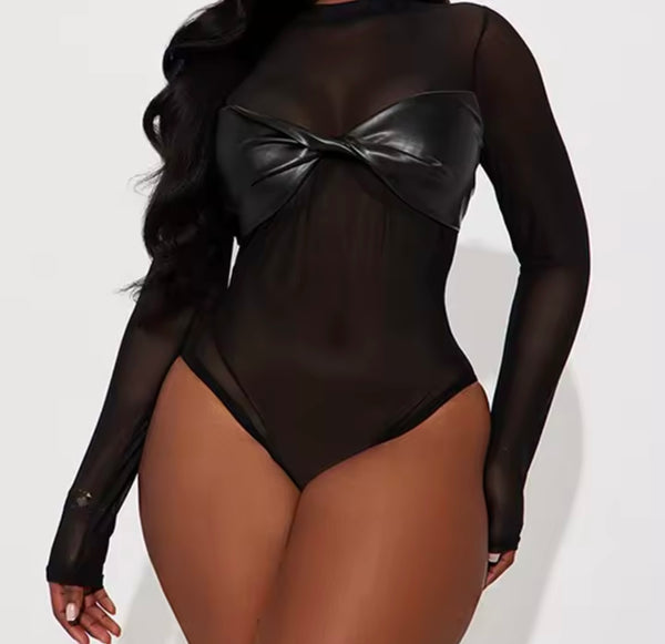 Women PU Mesh Full Sleeve Fashion Bodysuit Top
