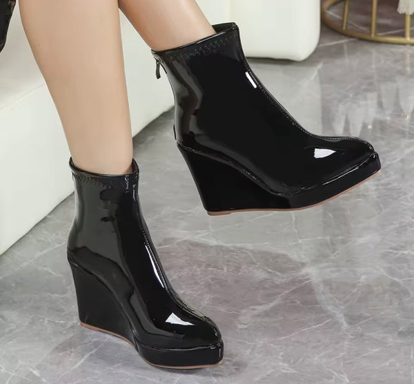 Women Patent Leather Fashion Platform Ankle Boots