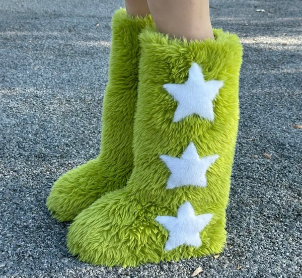 Women Fluffy Fashion Star Print Faux Fur Boots
