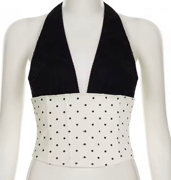 Women Sexy B&W Polka Dot Halter Two Piece Skirt Set