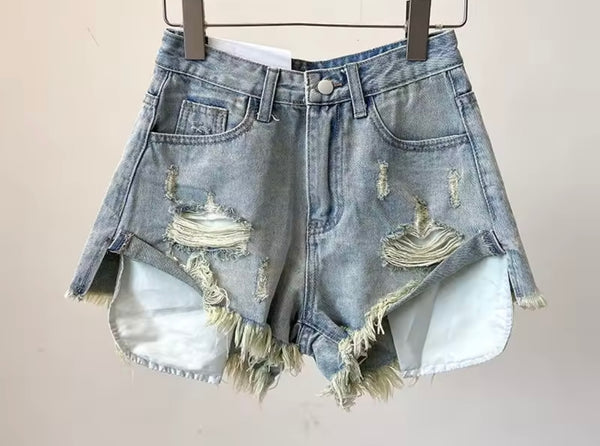 Women Sexy Fashion Color Ripped Denim Shorts