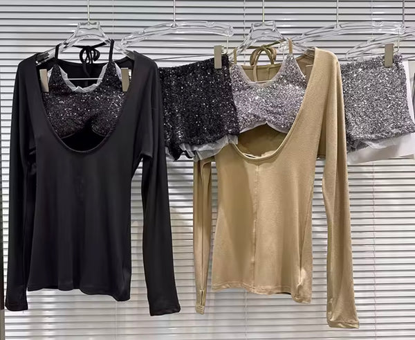 Women Fashion Full Sleeve Sequins Three Piece Short Set