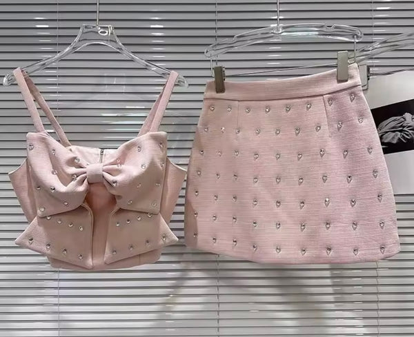 Women Sexy Sleeveless Bow Crop Two Piece Rhinestone Skirt Set