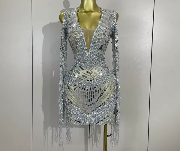 Women Sexy Crystal Mirror Mesh Full Sleeve Tassel Dress