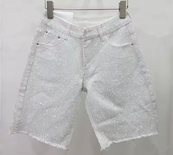 Women Fashion Ripped Bling Denim Jacket Two Piece Short Set