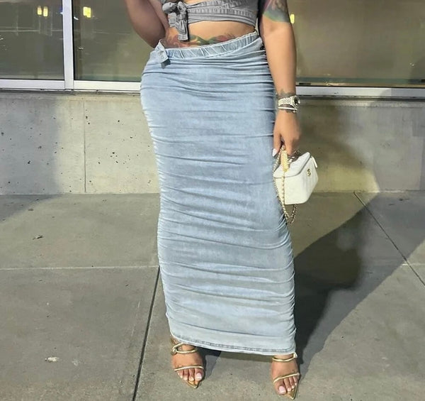 Women Ruched Fashion Denim Maxi Skirt